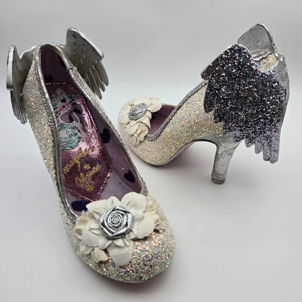 Irregular Choice Icarus Rare Angel Wing Wedding Silver White Glitter 38 US 7
